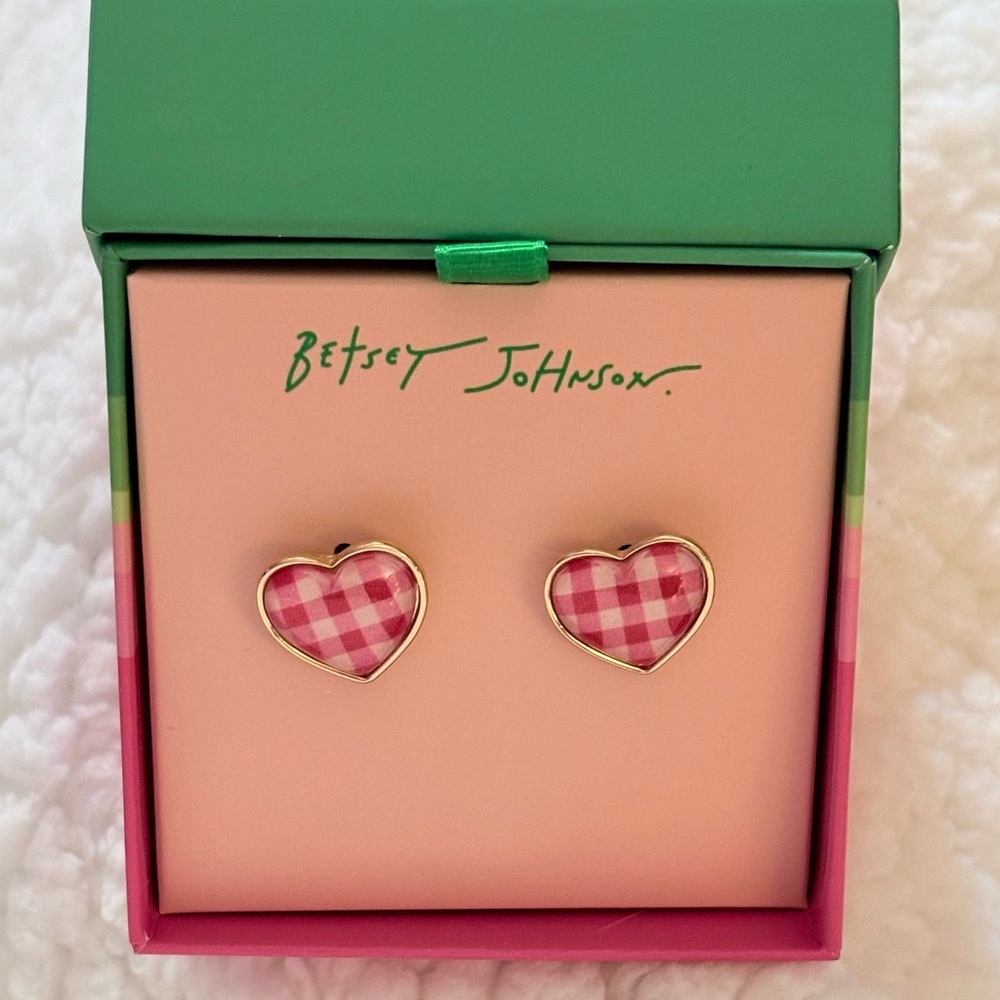 Betsey Johnson Pink Gingham Heart Earrings